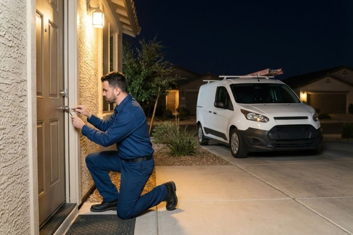Professional locksmith technician using a long-reach tool to safely unlock a car door in Phoenix.