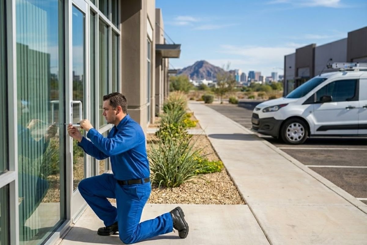 Professional locksmith installing a high-security master key system for a commercial office in Phoenix.