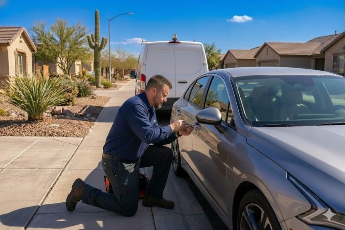 Mobile automotive locksmith technician using diagnostic tools to program a transponder key fob for a vehicle in Phoenix.