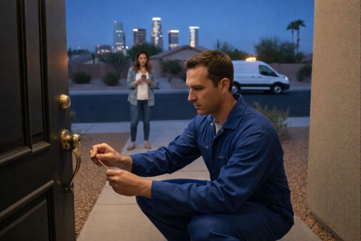 Professional locksmith service technician unlocking a door in Phoenix Arizona.