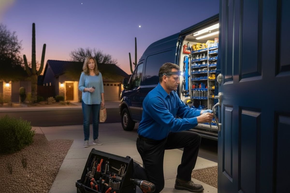 Close-up of a high-security Grade 1 deadbolt lock installed on a wooden residential door with the A+ Locksmith logo.
