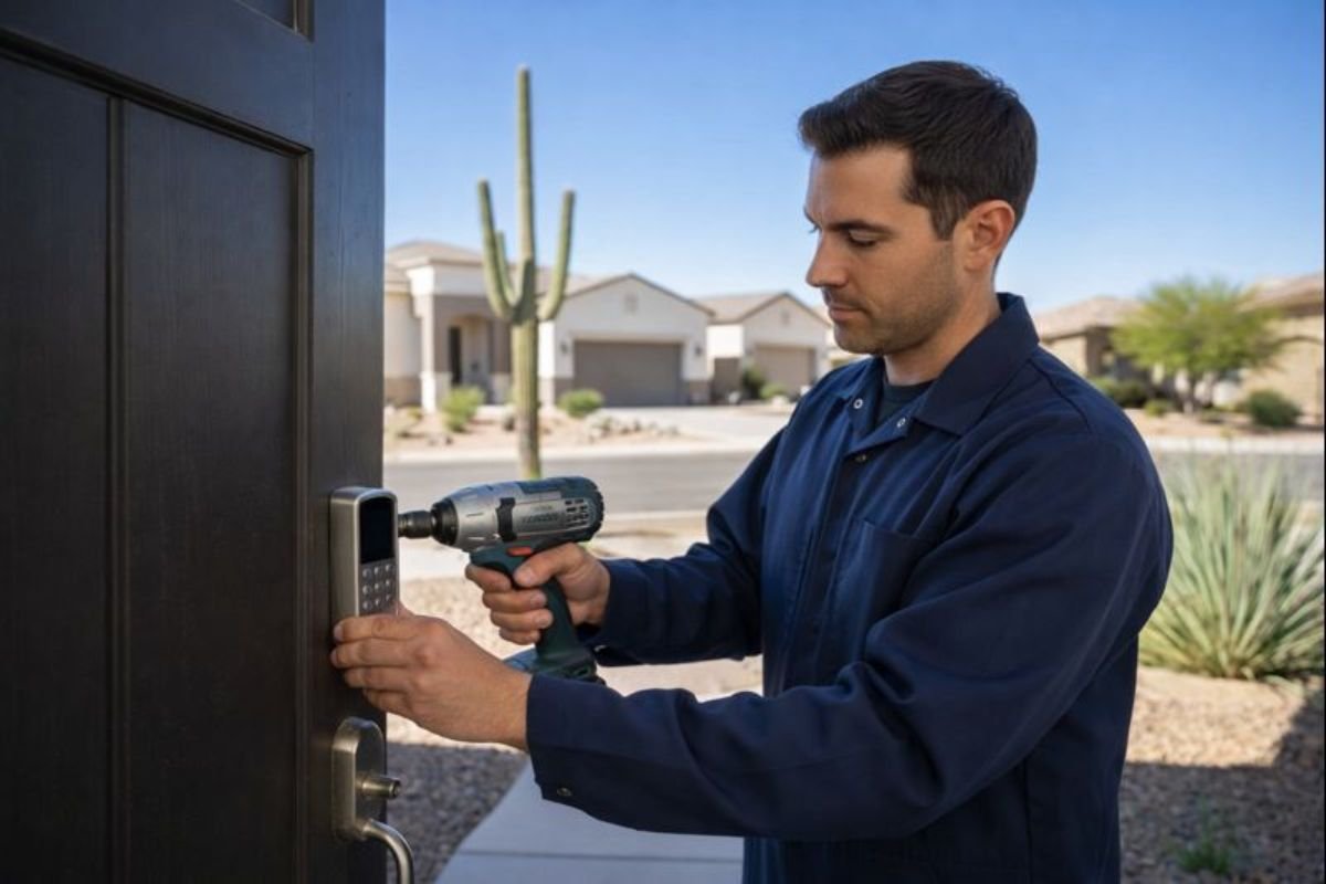 Professional smart lock installation on a residential front door in Phoenix.
