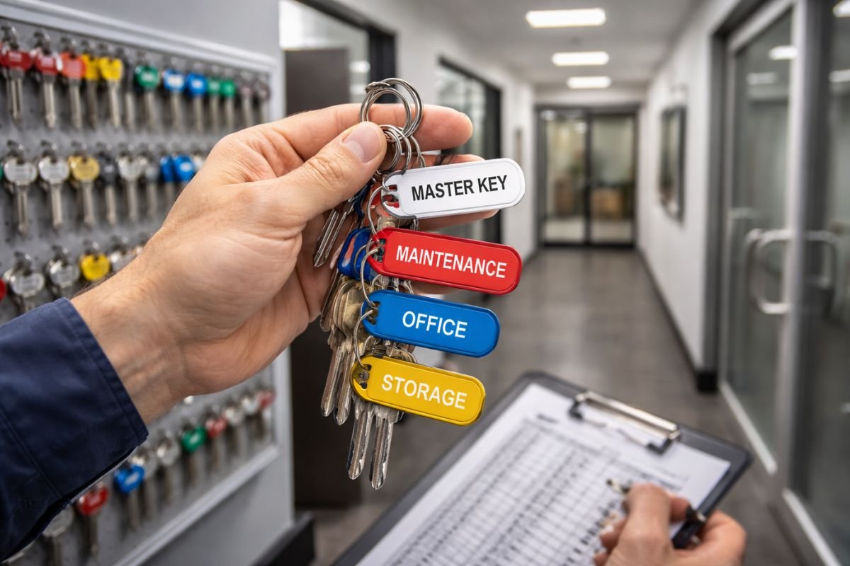 Commercial locksmith in Phoenix setting up a master key system for a business