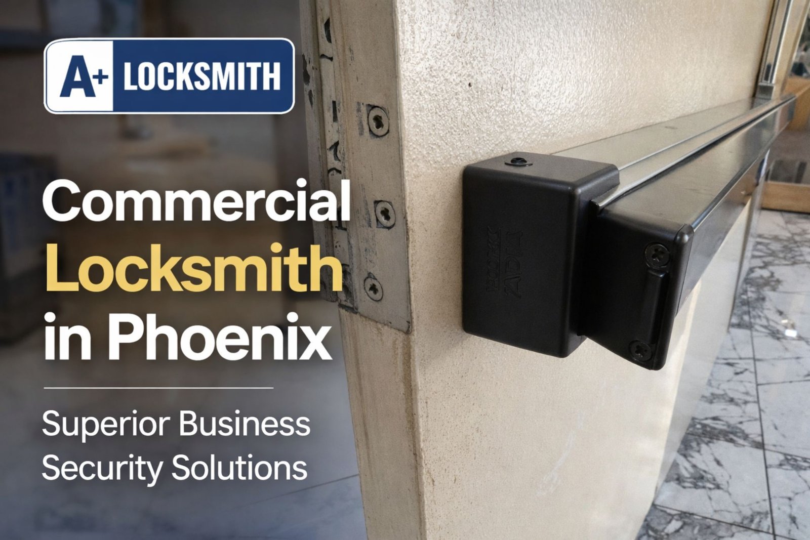 Commercial panic bar exit device installed on a business door by A+ Locksmith Phoenix, providing secure and code-compliant access control for commercial properties in Phoenix, Arizona